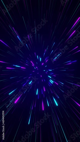 Abstract tunnel of a multi color spectrum background. Bright rays of neon light and colorful glowing lines moving speed through the dark. Vertical video