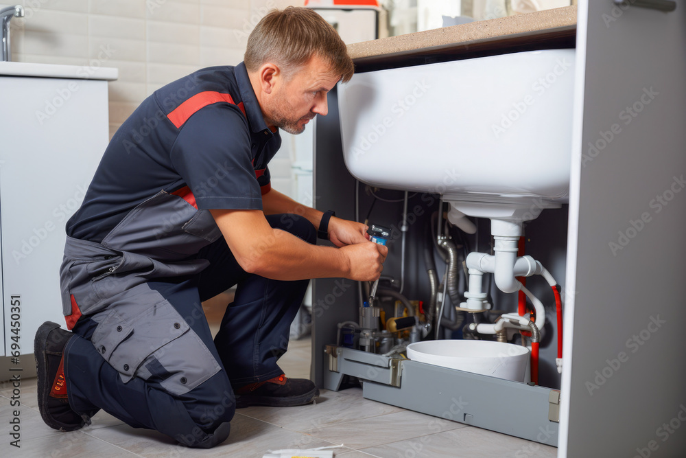 Plumber working in modern bathroom. Professional repairman installing water tap in bathroom.