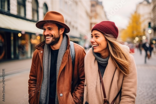 Couple on a date day enjoying in romantic way, walking in the city on sunny winter, autumn day. Wearing coats and warm clothes. Enjoying outdoors on Valentine's Day. © VisualProduction