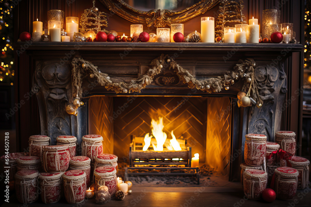 Obraz premium Fireplace decorated with vintage style Christmas stockings, retro garlands, Vintage fireplace with crackling fire