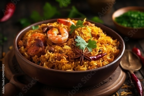 Indian prawn shrimp fried biriyani with basmati rice, Seafood Mughal Indian traditional spicy rice cuisine recipe