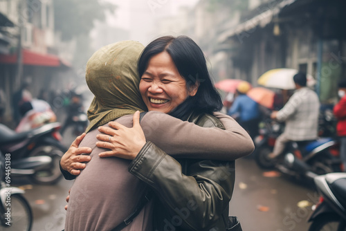 Emotional reunion of two family women in Asian city street.