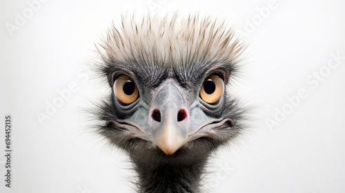 an emu  capturing its inquisitive nature and expressive eyes  perfectly isolated on a spotless white background.
