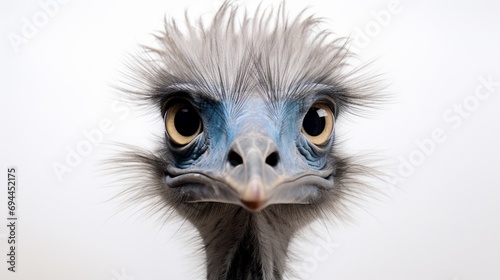 an emu in a serene pose, highlighting its calm demeanor and natural beauty, set against a pure white background for a visually pleasing contrast.