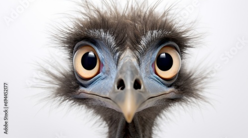 an emu, capturing its inquisitive nature and expressive eyes, perfectly isolated on a spotless white background.