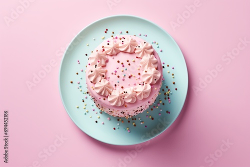 Cake with pink whipped cream, colorful confectionery sprinkles. Top view.