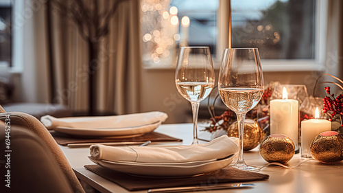 Festive date night tablescape idea, dinner table setting for two and Christmas, New Year, Valentines day decor, English country home styling photo