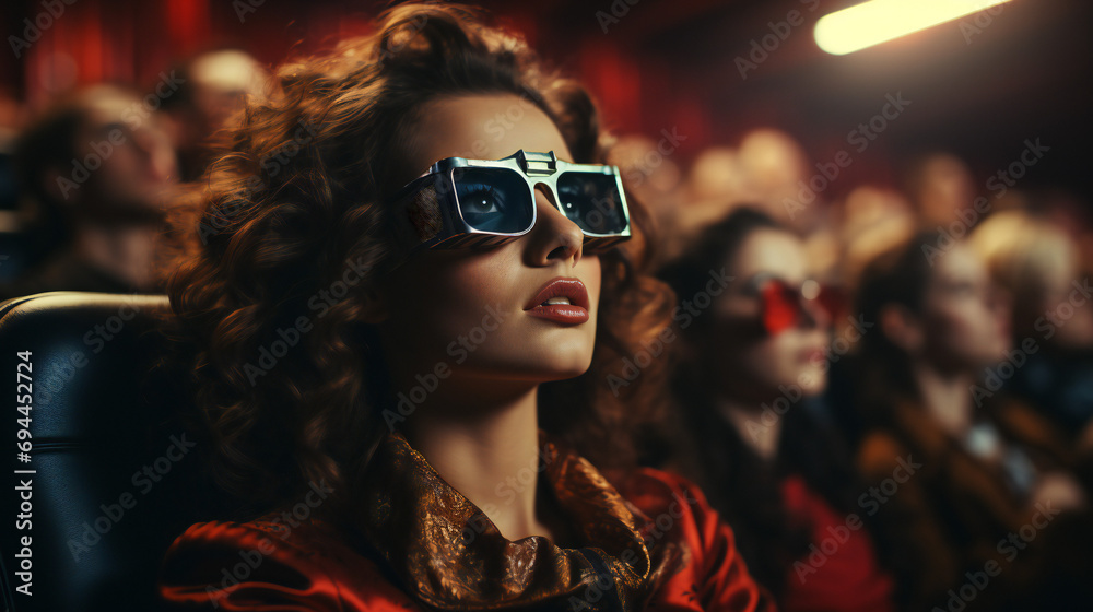 Woman in 3D Glasses Is Watching a Movie in the Cinema Hall