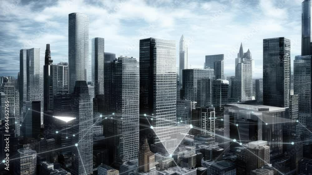 Modern smart city of the future 5G network communication concept. Artificial intelligence, cloud computing, big data communication, wireless network, mobile technology, internet of things