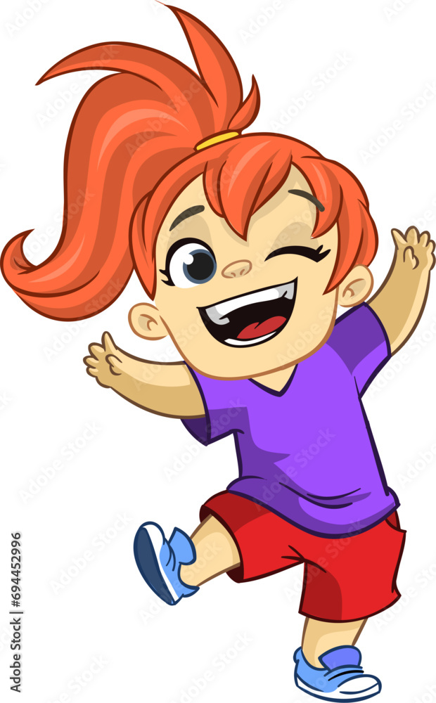 Cute little girl waving and smiling. Vector cartoon  .illustration of a teenager in casual street clothes presenting. Outlined