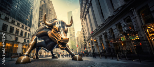 The famous Wall Street Bull gleams in the morning light, embodying economic prosperity. photo