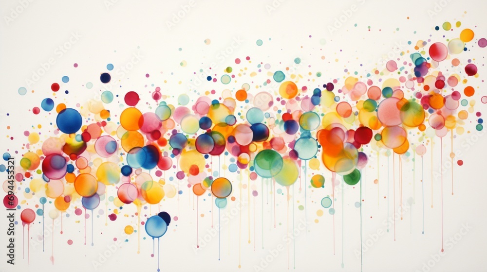an isolated explosion of rainbow-colored dots on a clean white canvas, highlighting the intricate and playful details of this whimsical and captivating art piece.