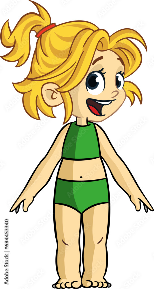 Cute young girl in swimming suite. Vector cartoon  .illustration of a teenager in casual street clothes presenting. Outlined