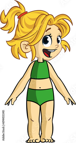 Cute young girl in swimming suite. Vector cartoon .illustration of a teenager in casual street clothes presenting. Outlined