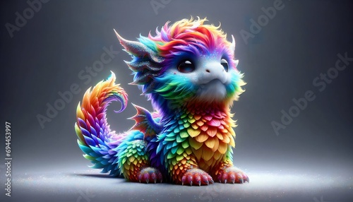Cute rainbow little dragon. Cartoon character fluffy dragon. Fantasy Funny baby monster with wings and big eyes. Fairy-tale hero. Children book. Illustration of tales. Toy design. Print. Copy space © Zakhariya