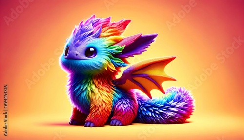 Cute rainbow little dragon. Cartoon character fluffy dragon. Fantasy Funny baby monster with big eyes. Fairy-tale hero. Children book. Illustration of tales. Toy design. Print. Copy space. Isolated