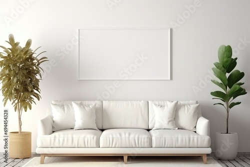 a blank mockup frame, in a living room white modern