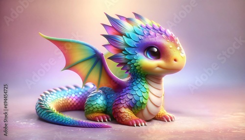 Cute rainbow little dragon. Cartoon character dragon. Fantasy Funny baby monster with big eyes. Fairy-tale hero. Children book. Illustration of tales. Toy design. Print. Copy space. Isolated photo
