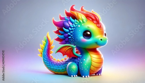 Cute rainbow little dragon. Cartoon character dragon. Fantasy Funny baby monster with big eyes. Fairy-tale hero. Children book. Illustration of tales. Toy design. Print. Copy space. Isolated