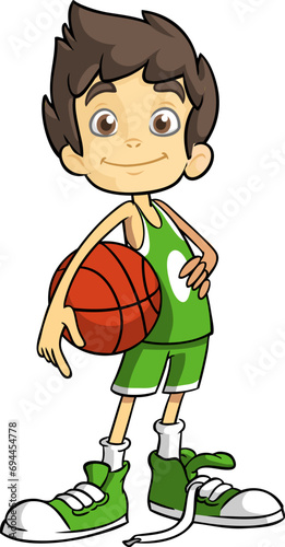 Cute cartoon little boy. .Vector illustration of a teenager basketball player