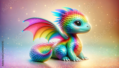 Cute rainbow little dragon. Cartoon character dragon. Fantasy Funny baby monster with big eyes. Fairy-tale hero. Children book. Illustration of tales. Toy design. Print. Copy space. Isolated