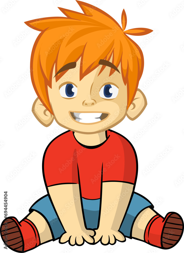 Cute cartoon little boy sitting. .Vector illustration of a teenager wearing casual clothes outlined