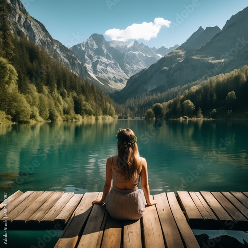 Woman enjoying alpine lake scenery