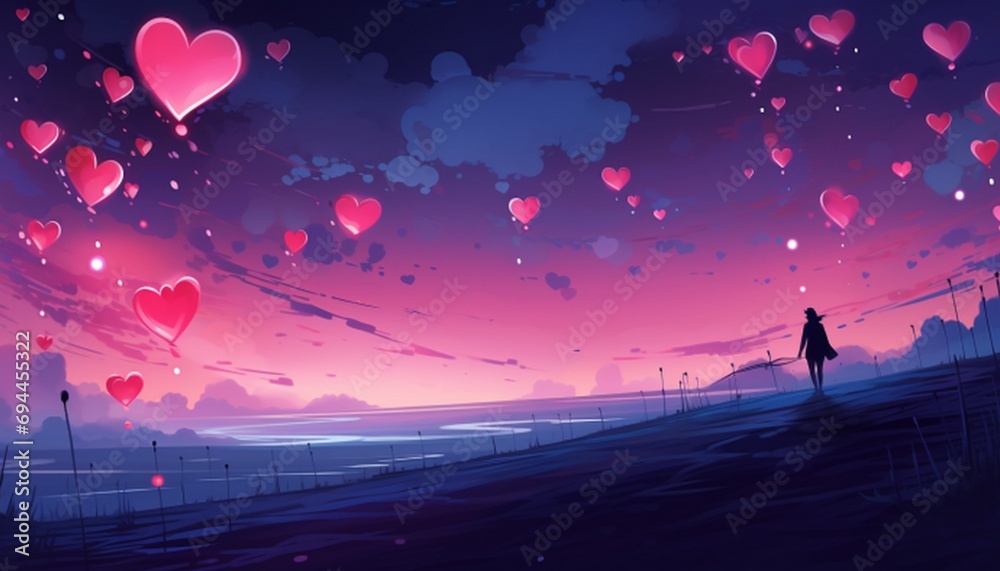 illustration of valentine's day background with girl and hearts