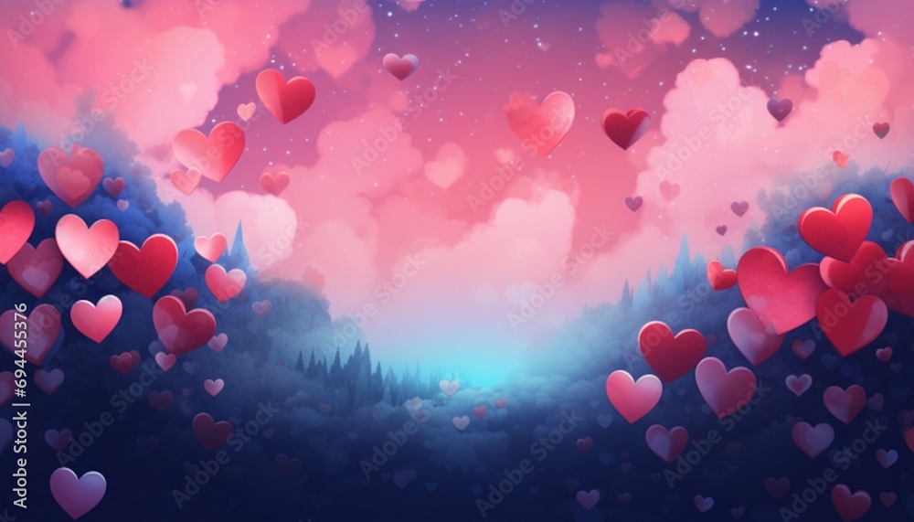 Valentines day background with hearts and clouds. Vector illustration.