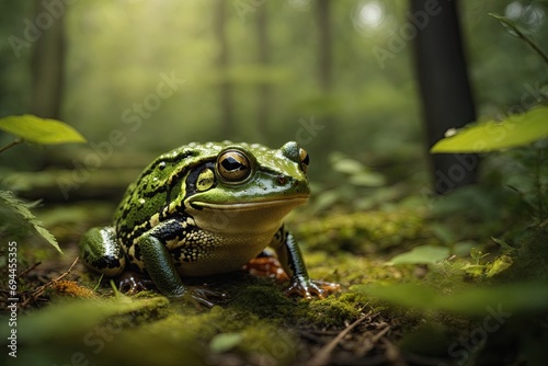 In a clearing in the forest, among mosses and plants, a fairy-tale frog sits. Artistic depiction of the beauty of nature.