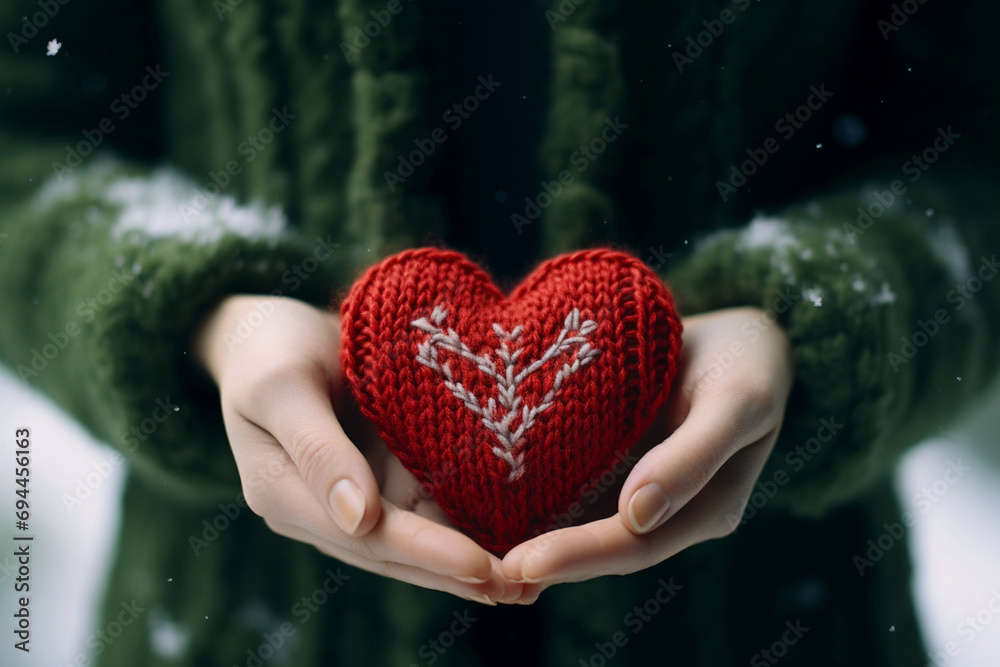 Female hands in red sweater holding knitted heart on snowy background. Female hands in red sweater holding knitted heart on snowy background.
