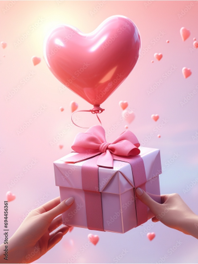 Valentine's Day background with gift box and heart-shaped balloons