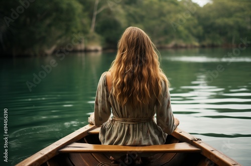 Woman on a wooden boat looking at serene waters © danr13