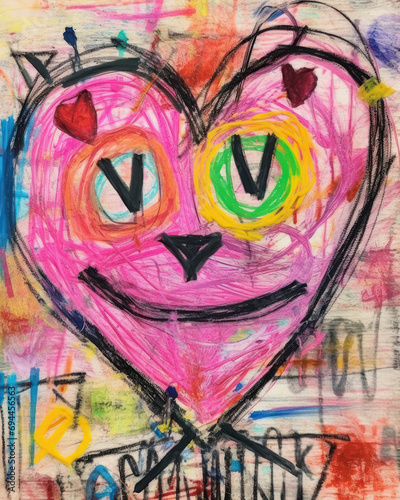 Playful abstract heart face with colorful brushstrokes and graffiti elements