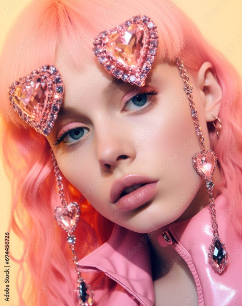 Fototapeta premium Fashion model with candy-pink hair and oversized heart gemstone hair clips against a yellow backdrop