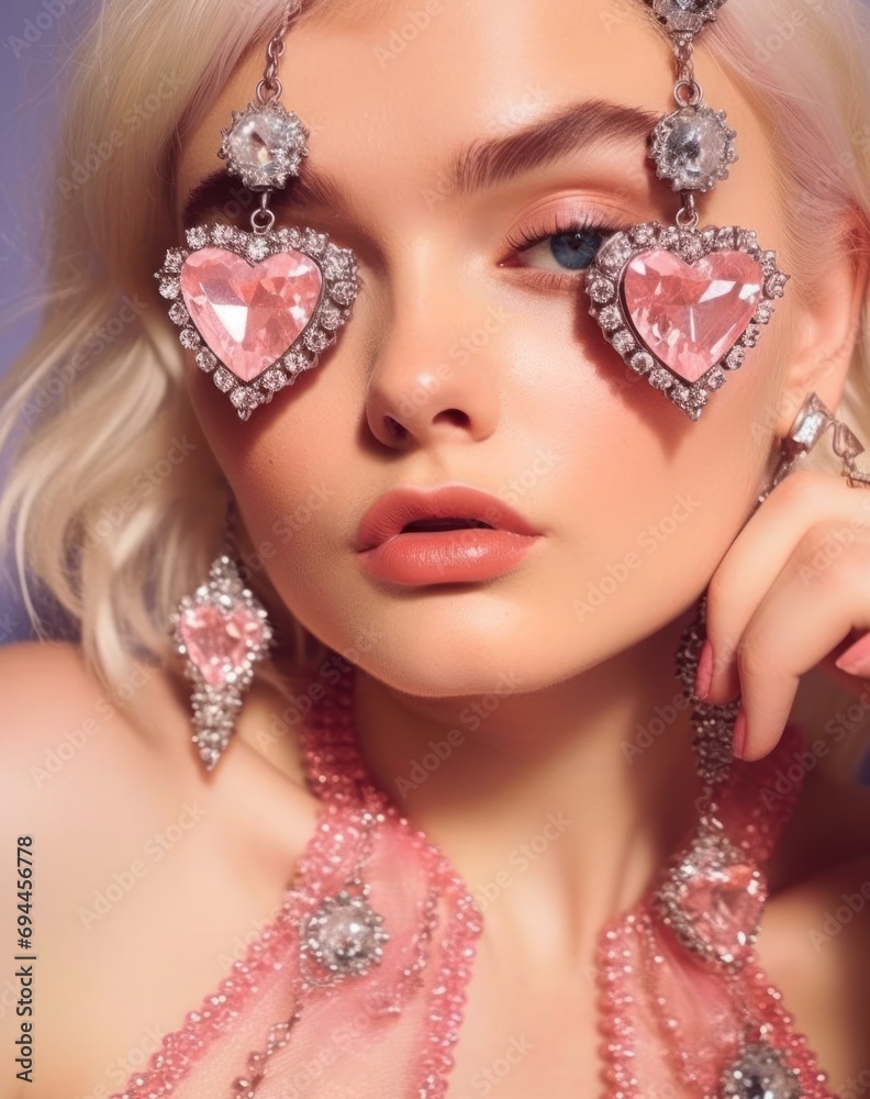 Elegant female with striking heart-shaped earrings and necklace against a soft background Elegant female with striking heart-shaped earrings and necklace against a soft background