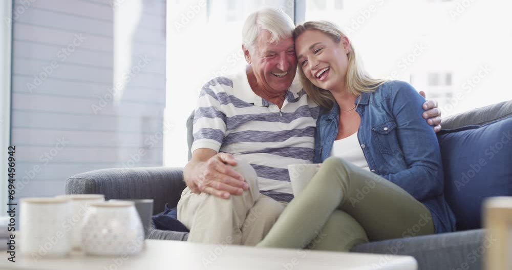 Father, daughter or conversation love on sofa or coffee parenting support, quality time or bonding. Man, woman or hot drink smile for storytelling together or communication joke, rest trust in lounge Father, daughter or conversation love on sofa or coffee parenting support, quality time or bonding. Man, woman or hot drink smile for storytelling together or communication joke, rest trust in lounge