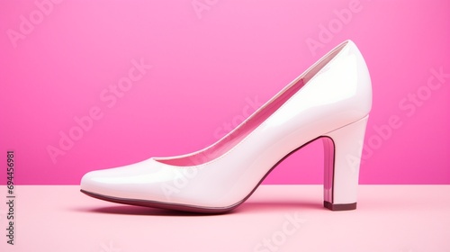 white heel shoes on pink background.