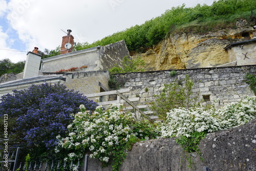 Obraz na plátně old stone wall with blooming flowers by a troglodyte home in the town of chinon