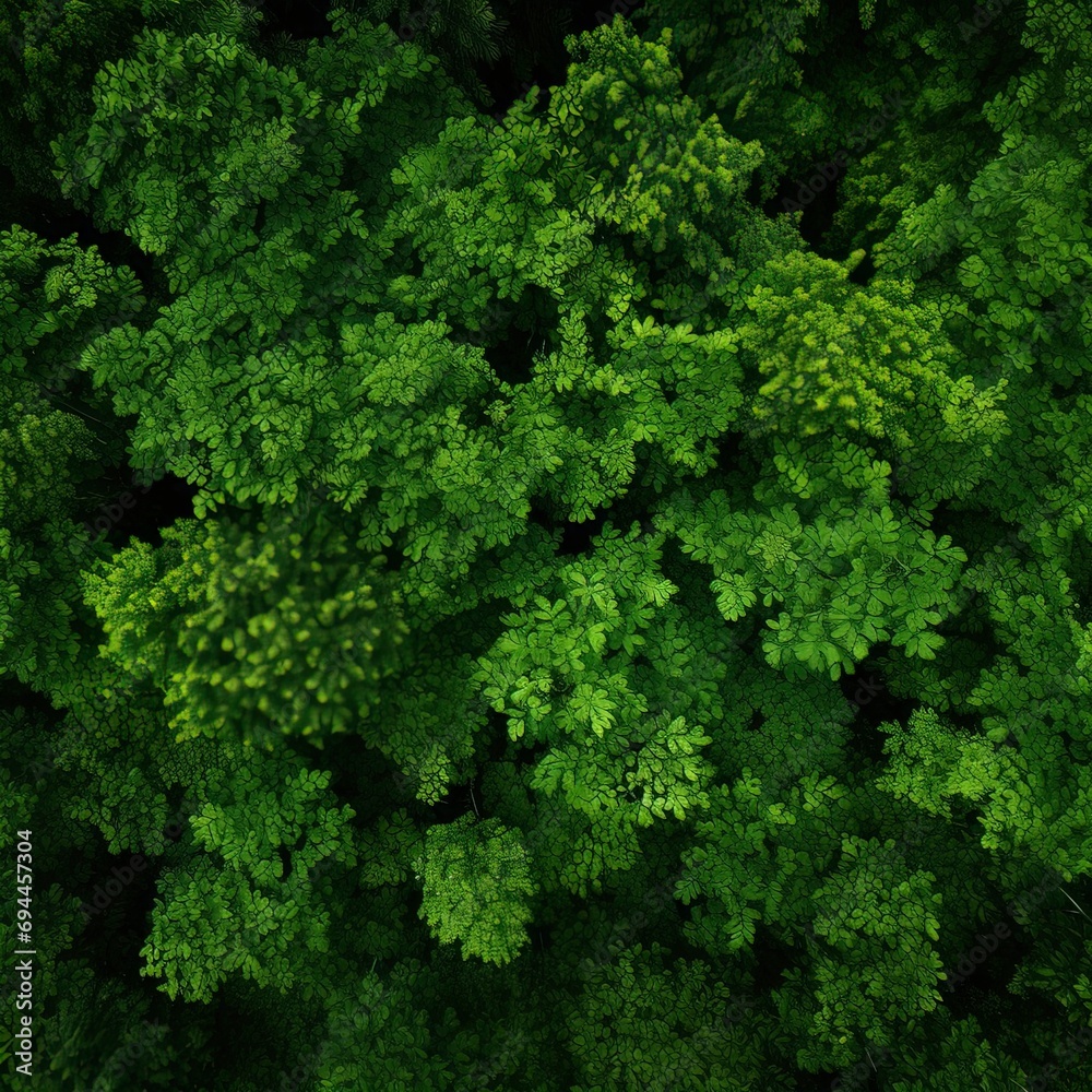 Photo of green dense forest top view shot, Generative ai.