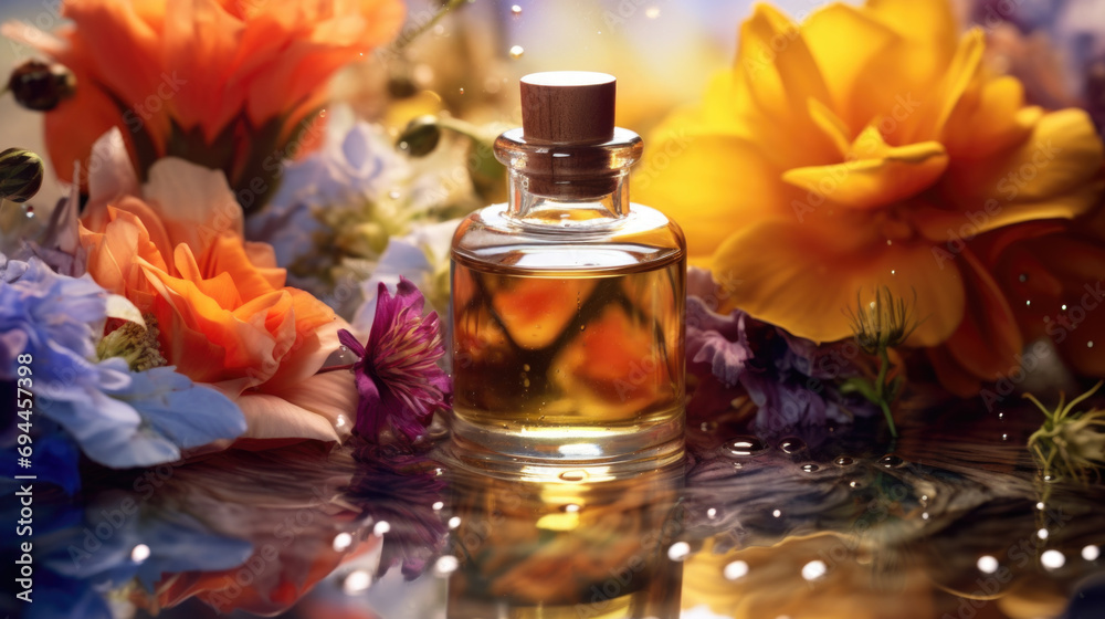 Floral backdrop accentuates aroma oils, soothing wellness scene