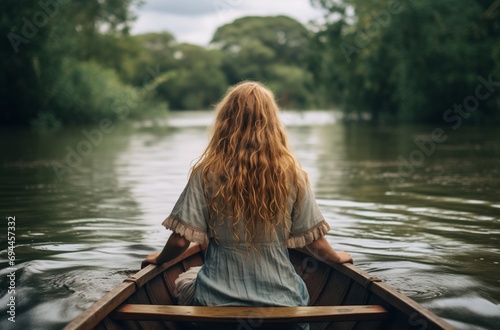 Girl rowing wooden boat in river © danr13