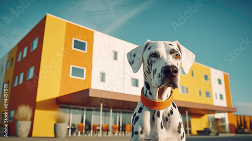Dog enjoying a hotel backdrop, pet-permitted.
