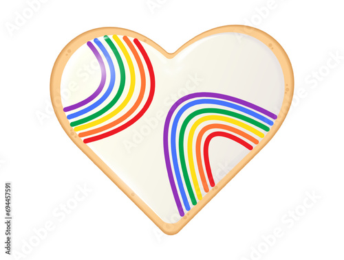 Festive Pride heart shaped cookie decorated with white confectionery icing and two rainbows