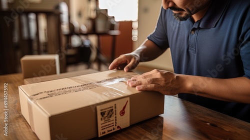 A close up of a courier affixing an address label to a package, ai generative photo