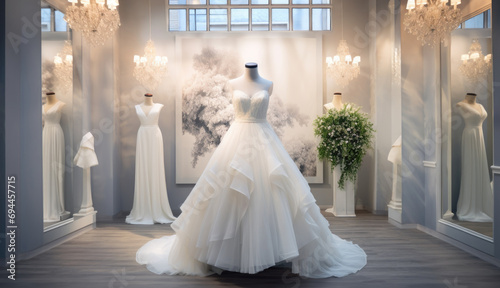 Beautiful gown in a luxurious bridal shop setting photo