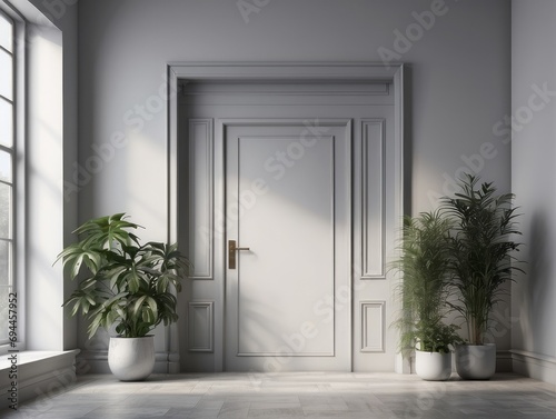 Door and window  plant concept in plain monochrome pastel color. Light background with copy space