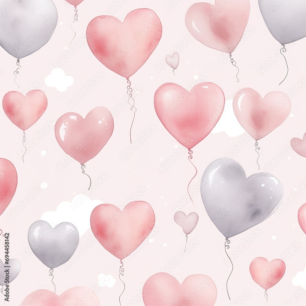 Elegant Display of Floating Heart-Shaped Balloons in Various Shades of Pink and Grey, Perfect for Celebrations and Romantic Occasions