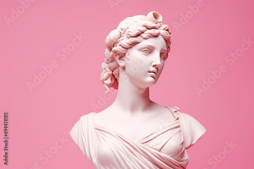 An elegant Greek female statue showcased on a pink background. Created with generative AI tools