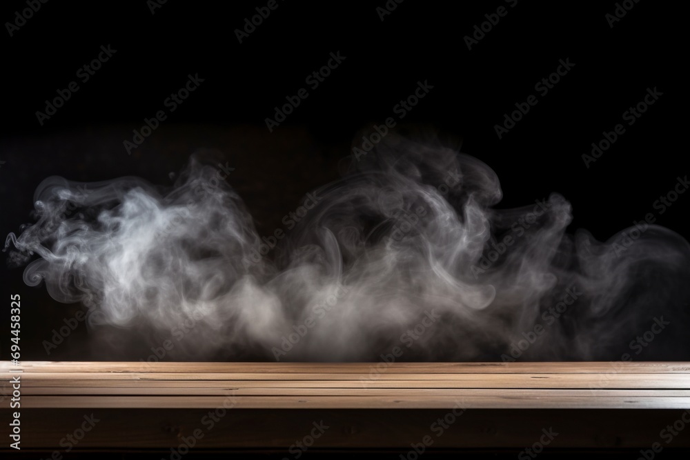 A dark environment sets the stage for an empty wooden table enveloped by drifting smoke, ideal for displaying your products. Created with generative AI tools